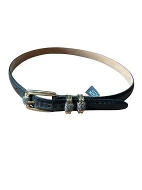 Vtg Brighton Black Textured Leather Belt Silver Gold Hardware L 34 Made in USA